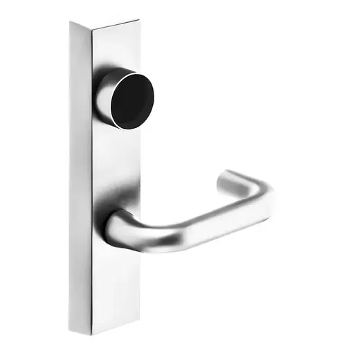 Grade 1 Exit Device Trim, Night Latch, Key Retracts Latch, For Rim and Mortise (8300, 8500, 8800, 8900, 9800, 9900 Series) Devices, Less Cylinder, J Lever, Bright Nickel Plated Clear Coated Finish, Right-Hand Reverse Bright Nickel Plated Clear Coated