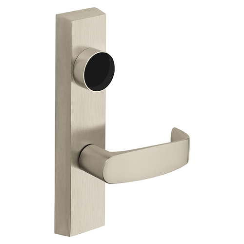 Grade 1 Exit Device Trim, Classroom Function, Key Outside Unlocks/Locks Trim, For Rim (8800) and NB8700 Series Devices, Less Cylinder, L Lever, LHR, Satin Nickel Plated Clear Coated Satin Nickel Plated Clear Coated