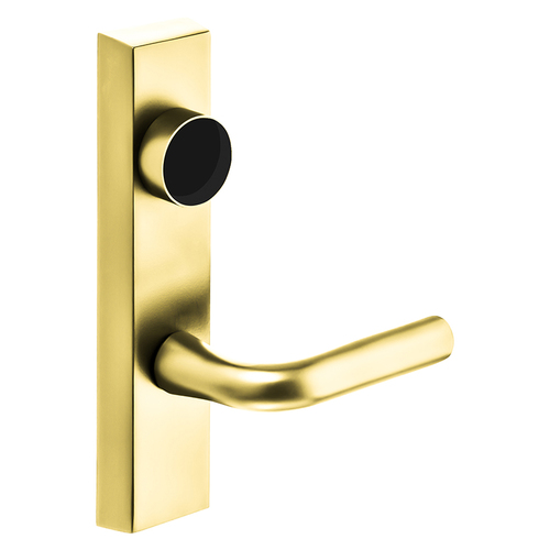 Grade 1 Exit Device Trim, Classroom Function, Key Outside Unlocks/Locks Trim, For Surface Vertical Rod and Mortise (8700, 8900 Series) Devices, Less Cylinder, W Lever, RHR, Bright Brass Bright Brass