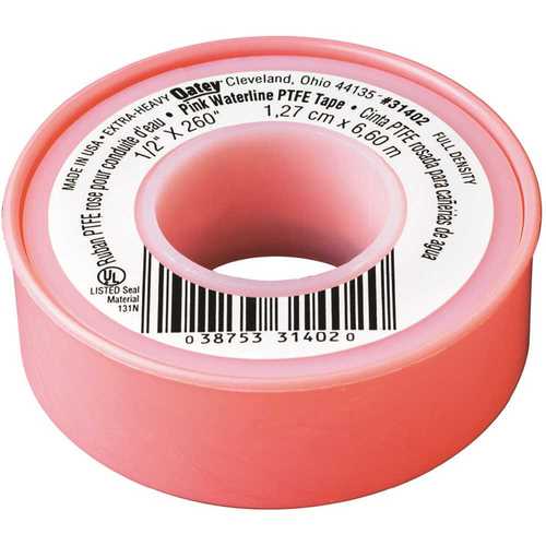 Thread Seal Tape, 260 in L, 1/2 in W, PTFE, Pink