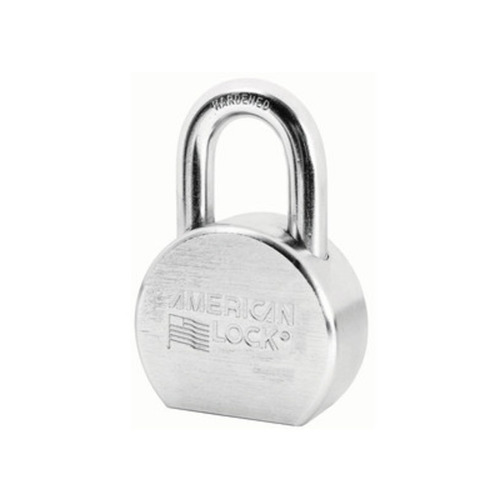 2-1/2" Wide Chrome Plated Solid Steel Body, 1-1/6" Tall 7/16" Diameter Boron Shackle, 5 Pin Cylinder, Keyed Alike Solid steel round body padlock