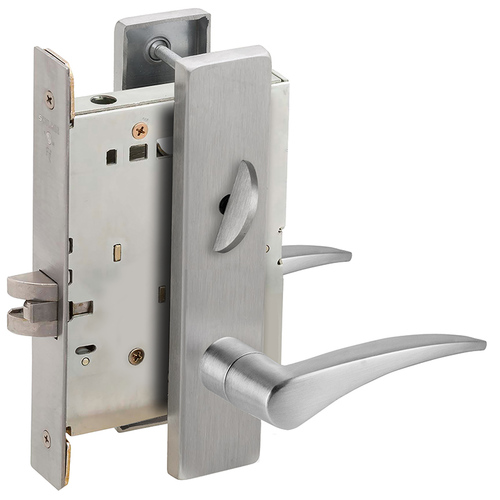 Bed / Bath Privacy Mortise Lock with 12 Lever and L Escutcheon Right Hand Satin Stainless Steel Finish