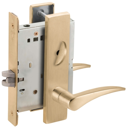 Bed / Bath Privacy Mortise Lock with 12 Lever and L Escutcheon Right Hand Satin Brass Finish