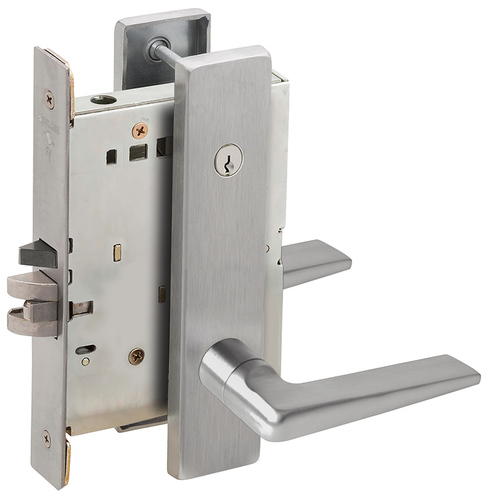 Classroom Security Holdback Mortise Lock with Concealed Cylinder with 05 Lever and L Escutcheon Satin Chrome Finish