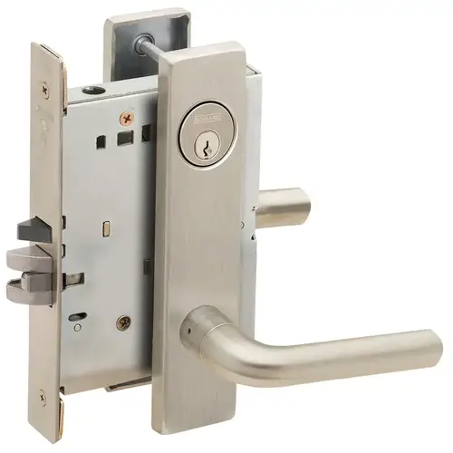 Classroom Holdback Mortise Lock with C Keyway with 02 Lever and L Escutcheon Satin Nickel Finish