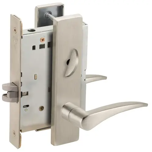 Left Hand Bed / Bath Privacy Mortise Lock with 12 Lever and L Escutcheon Satin Nickel Finish