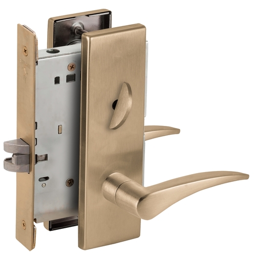 Right Hand Bed / Bath Privacy Mortise Lock with 12 Lever and N Escutcheon Antique Brass Finish