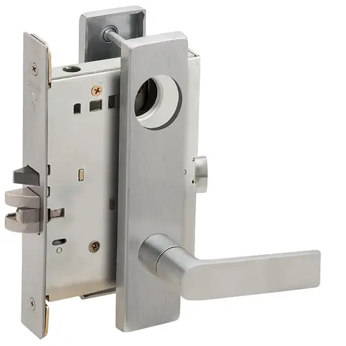 Institution Mortise Lock Less Cylinder with 01 Lever and L Escutcheon Satin Chrome Finish