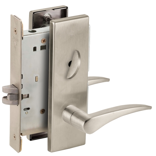 Left Hand Bed / Bath Privacy Mortise Lock with 12 Lever and N Escutcheon Satin Nickel Finish