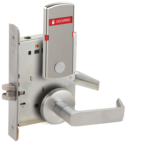 Bed / Bath Privacy Mortise Lock with 06 Lever and B Rose with Vacant / Occupied Indicator Satin Chrome Finish