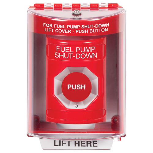 Stopper Station, Red, Surface Cover, Universal Stopper, Label Shell, Turn-to-Reset, "FUEL PUMP SHUT DOWN"English