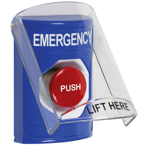 Stopper Station, Blue, Flush or Surface, Shield, Momentary, "EMERGENCY"English
