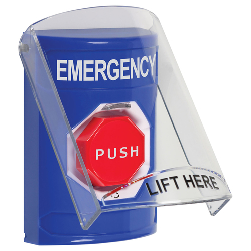 Stopper Station, Blue, Flush or Surface, Shield w/Sound, Turn-to-Reset, Illuminated, "EMERGENCY"English