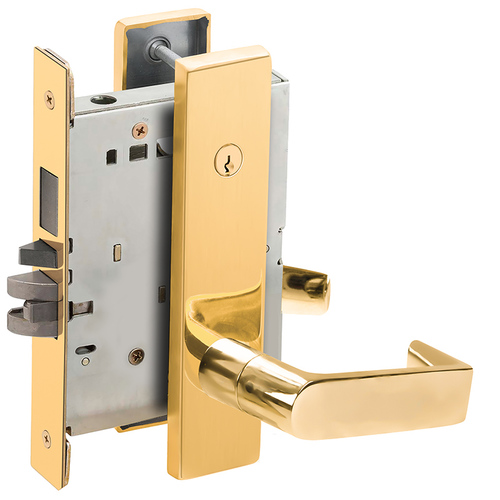 Left Hand Faculty Restroom Mortise Lock with Concealed Cylinder with 06 Lever and L Escutcheon Bright Brass Finish