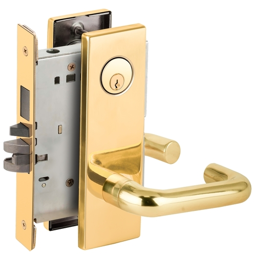 Faculty Restroom Mortise Lock C Keyway with 03 Lever and N Escutcheon Left Hand Bright Brass Finish