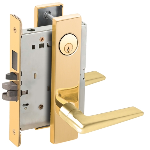 Storeroom with Deadbolt Mortise Lock with C Keyway with 05 Lever and L Escutcheon Bright Brass Finish