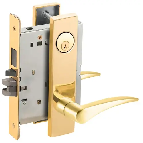 Entry / Office with Deadbolt Mortise Lock C Keyway with 12 Lever and L Escutcheon Left Hand Bright Brass Finish