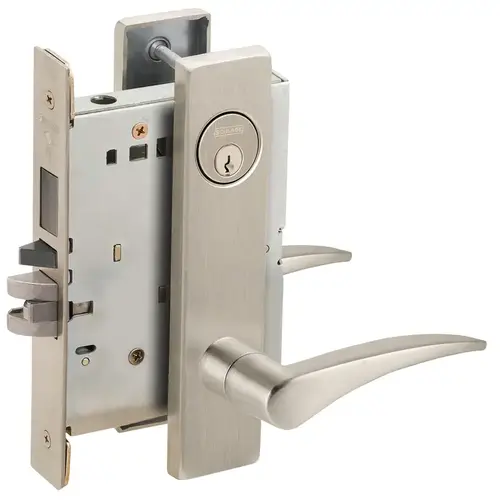 Entry / Office with Deadbolt Mortise Lock C Keyway with 12 Lever and L Escutcheon Right Hand Satin Nickel Finish