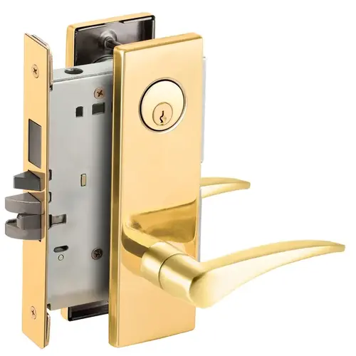 Entry / Office with Deadbolt Mortise Lock C Keyway with 12 Lever and N Escutcheon Right Hand Bright Brass Finish