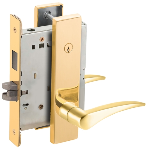 Dormitory / Bedroom Mortise Lock Concealed Cylinder C Keyway with 12 Lever and L Escutcheon Right Hand Bright Brass Finish