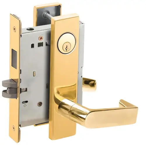 Dormitory / Bedroom Mortise Lock C Keyway with 06 Lever and L Escutcheon Bright Brass Finish