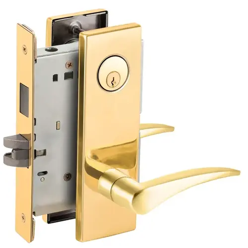 Dormitory / Bedroom Mortise Lock C Keyway with 12 Lever and N Escutcheon Right Hand Bright Brass Finish