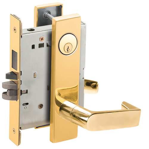 Faculty Restroom Mortise Lock C Keyway with 06 Lever and L Escutcheon Left Hand Bright Brass Finish