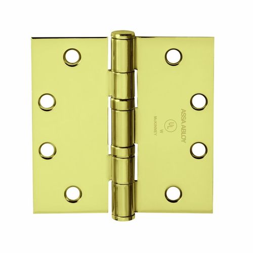 Full Mortise Hinge, 5-Knuckle, Standard Weight, 4-1/2" x 4-1/2", Square Corner, Bright Brass