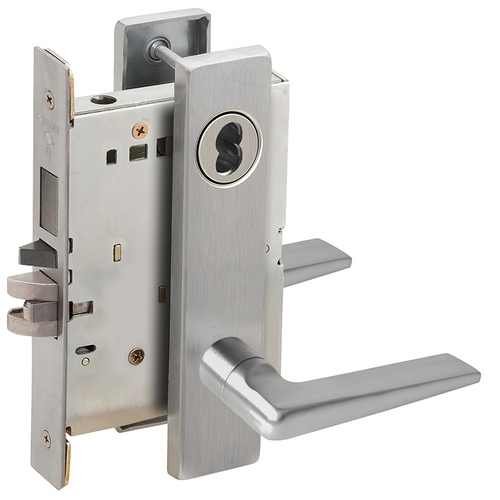 Entry / Office with Deadbolt Mortise Lock with Small Format IC Less Core with 05 Lever and L Escutcheon Satin Chrome Finish