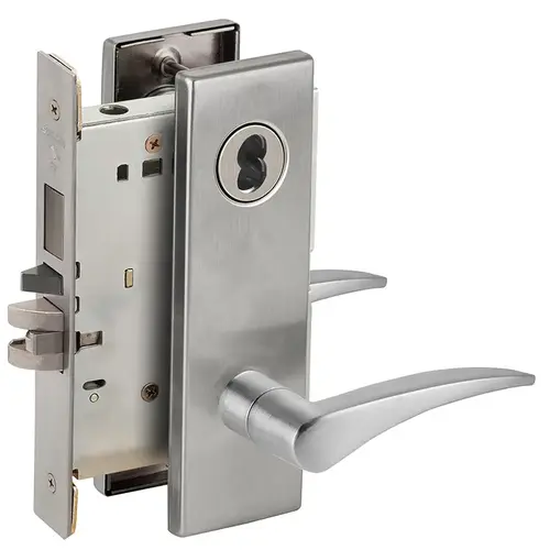 Left Hand Faculty Restroom Mortise Lock with Large Format IC Less Core with 12 Lever and N Escutcheon Satin Chrome Finish