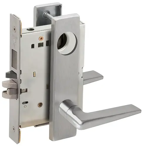 Right Hand Faculty Restroom Mortise Lock Less Cylinder with 05 Lever and L Escutcheon Satin Chrome Finish