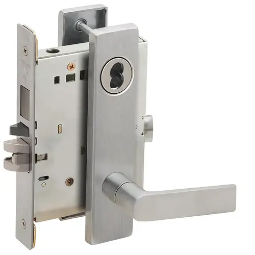 Storeroom with Deadbolt Mortise Lock with Small Format IC Less Core with 01 Lever and L Escutcheon Satin Chrome Finish