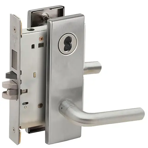 Storeroom with Deadbolt Mortise Lock with Large Format IC Less Core with 02 Lever and N Escutcheon Satin Chrome Finish