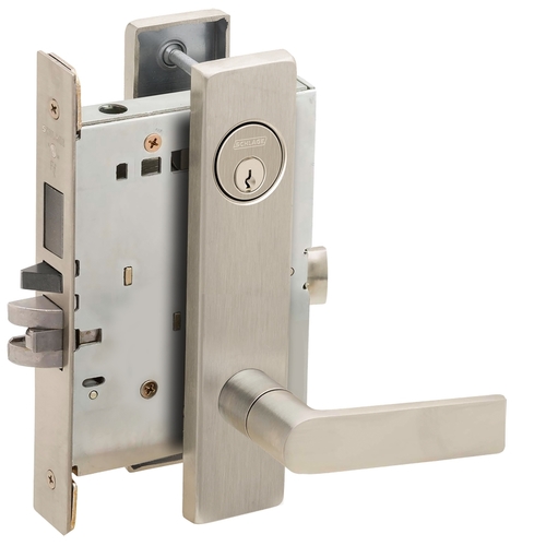 Storeroom with Deadbolt Mortise Lock with C Keyway with 01 Lever and L Escutcheon Satin Nickel Finish