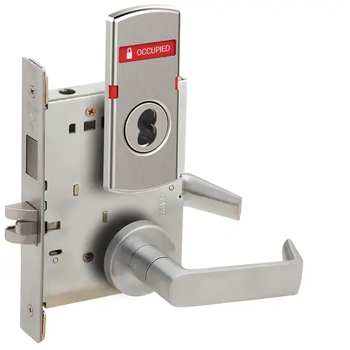 Corridor Mortise Lock with Small Format IC Less Core with 06 Lever and A Rose with Vacant / Occupied Indicator Satin Chrome Finish