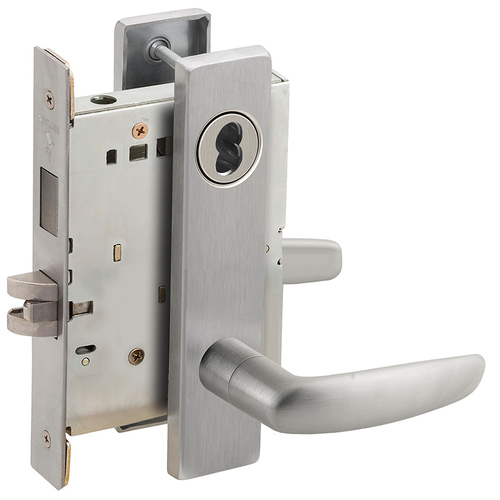 Classroom Security with Deadbolt Mortise Lock with Small Format IC Less Core with 07 Lever and L Escutcheon Satin Chrome Finish