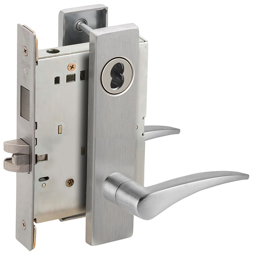 Right Hand Corridor Mortise Lock with Small Format IC Less Core with 12 Lever and L Escutcheon Satin Chrome Finish