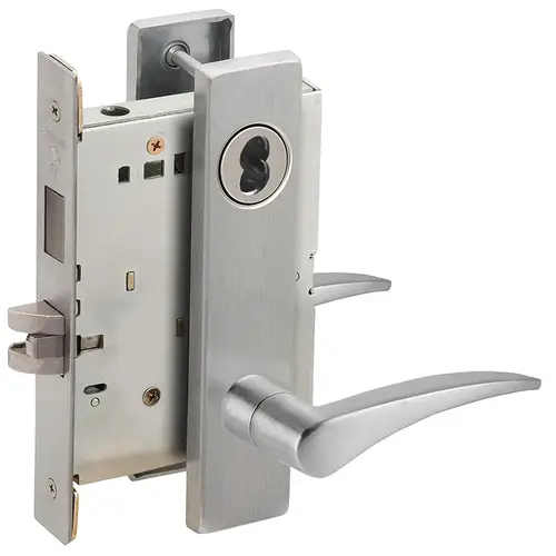 Right Hand Dormitory / Bedroom Mortise Lock with Large Format IC Less Core with 12 Lever and L Escutcheon Satin Chrome Finish