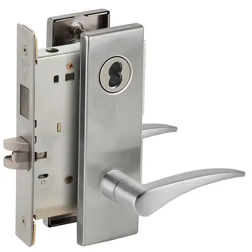 Left Hand Closet / Storeroom Mortise Lock with Small Format IC Less Core with 12 Lever and N Escutcheon Satin Chrome Finish