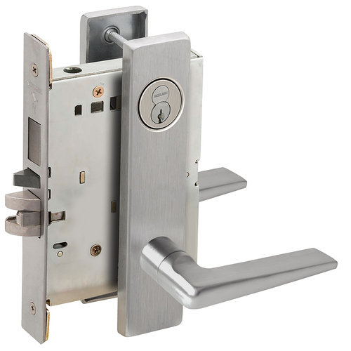 Left Hand Faculty Restroom Mortise Lock with Large Format IC Core with 05 Lever and L Escutcheon Satin Chrome Finish