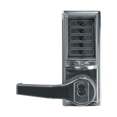 Pushbutton Cylindrical Lever Lock Combination Entry Function with Key Override 2-3/4" Backset 1/2" Throw Latch Medeco/Yale/ASSA/Abloy LFIC Prep Less Core Bright Chrome Finish Left Hand/Left Hand Reverse