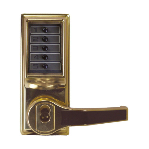 Pushbutton Cylindrical Lever Lock, Combination Entry/Passage Functions with Key Override, 2-3/4" Backset, 1/2" Throw Latch, Schlage FSIC Prep, Less Core, Bright Brass Finish