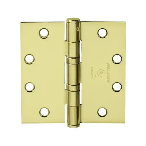 Full Mortise Hinge, 5-Knuckle, Standard Weight, 4" x 4", Square Corner, Non-Removable Pin, Bright Brass