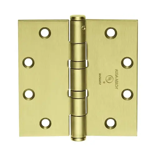 Full Mortise Hinge, 5-Knuckle, Standard Weight, 3-1/2" x 3-1/2", Square Corner, Non-Removable Pin, Satin Brass