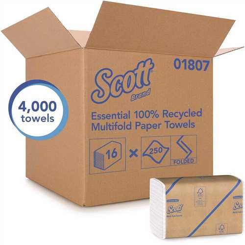 SCOTT 01807 White 100% Recycled Fiber Multi-Fold Paper Towels (16 Clips/Case, 250-Sheets/Clip, 4,000 Towels/Case) - pack of 16
