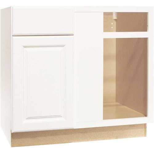 Hampton Satin White Raised Panel Stock Assembled Blind Base Corner Kitchen Cabinet (36 in. x 34.5 in. x 24 in.)