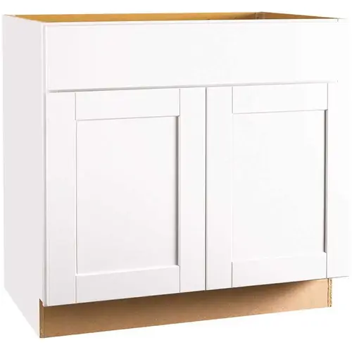 Shaker Satin White Stock Assembled Sink Base Kitchen Cabinet (36 in. x 34.5 in. x 24 in.)