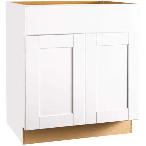 Shaker Satin White Stock Assembled Sink Base Kitchen Cabinet (30 in. x 34.5 in. x 24 in.)