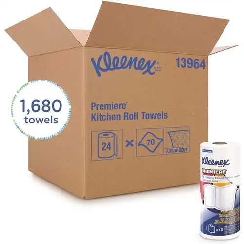 KLEENEX 13964 Cloth-Like Perforated Towels Premier Kitchen Paper Towels (, 70 Paper Towels/Roll) White - pack of 24