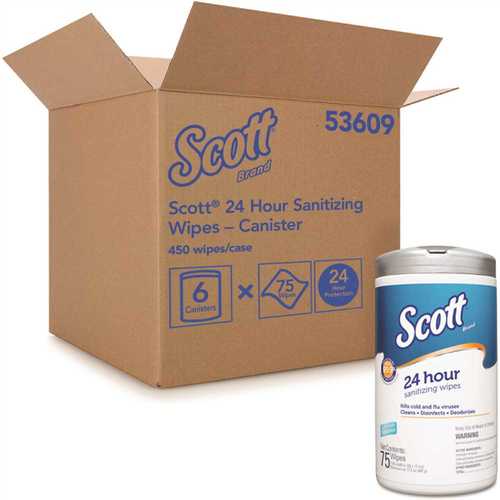 SCOTT 53609 24-Hour Sanitizing Disinfecting Wipes (41526) White (6 Canisters/Case, 75 Per Canister) - pack of 6